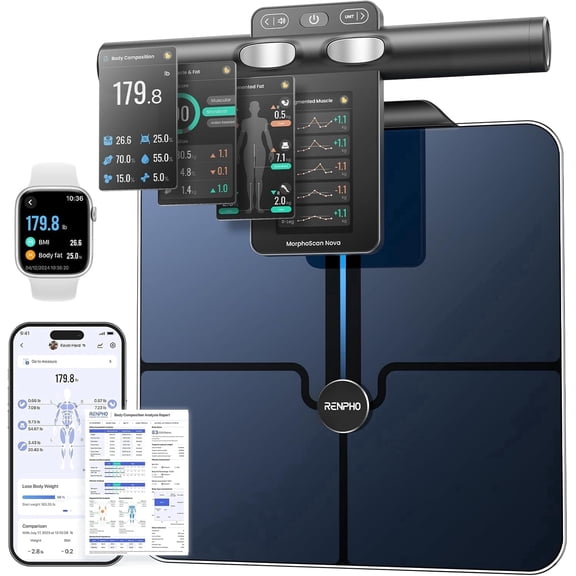 RENPHO Smart Scale for Body Weight, 8-Electrode Body Composition Scale with BMI, Body Fat, Muscle Mass, Rechargeable Body Fat Scale with Full-Color TFT LCD on Handle, MorphoScan Nova, Dark Blue