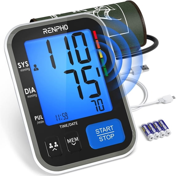 RENPHO Upper Arm Blood Pressure Monitor, Automatic Digital BP Machine Blood Pressure Cuffs with Speaker, FSA Eligible, Large Cuff, LCD Display, 2 Users, 240 Recordings for Home Mother and Father
