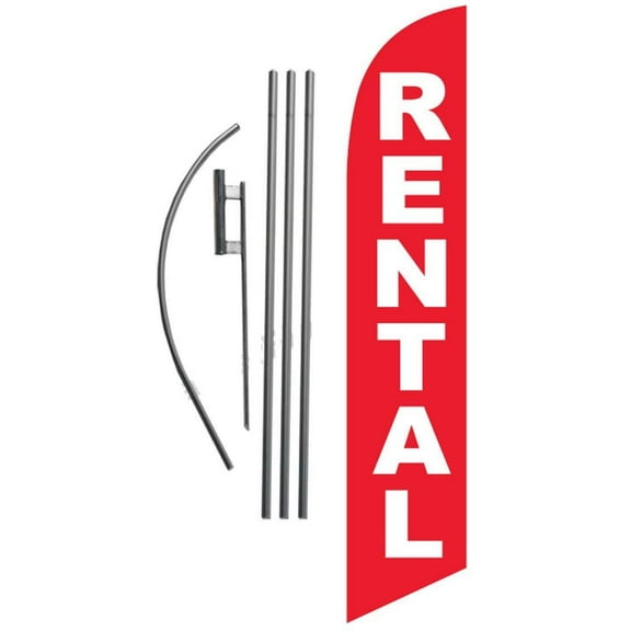 RENTAL red Real Estate 15ft Feather Banner Swooper Flag Kit - INCLUDES 15FT POLE KIT w/GROUND SPIKE