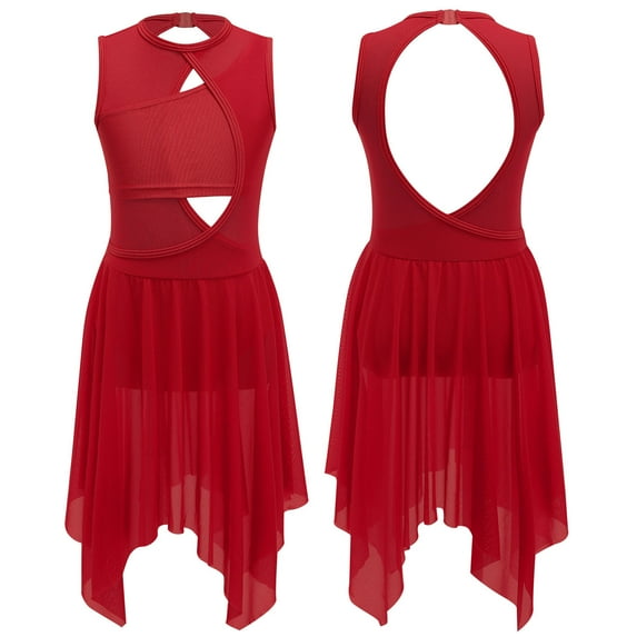 RENVENA Kids Girls Lyrical Ballet Leotard Dress Cut Out Front Backless Mesh Tulle Skirt Dancewear A Red 10