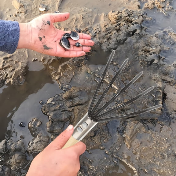 REOFLYUP Clam Scraper Rake with Stainless Steel Net and Ergonomic Wooden Handle for Easy Shellfish Harvesting