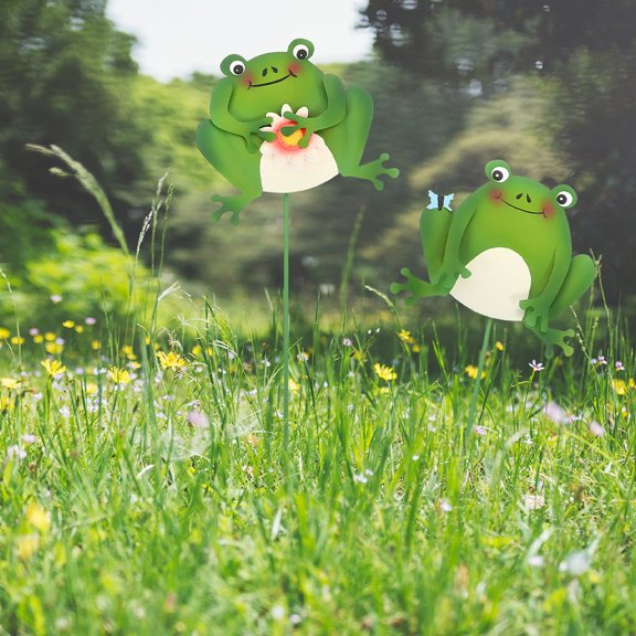 REOFLYUP Set of 3 Green Metal Garden Frog Stakes, Decorative Outdoor Yard and Patio Plant Decor