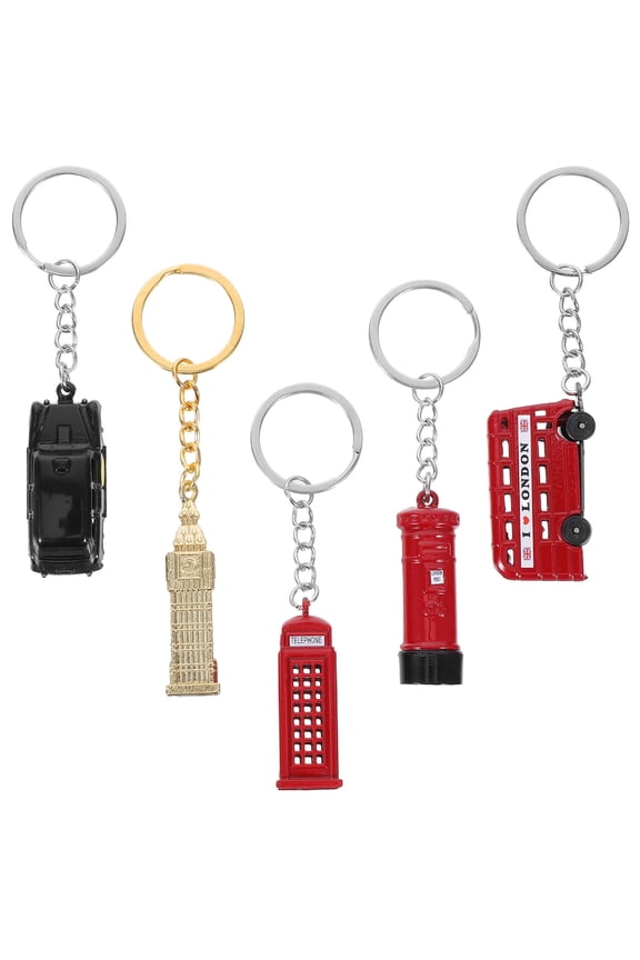 5-Piece London Bus Keychain Set with British Landmark Charms Including Taxi, Mailbox & Telephone Booth Souvenir