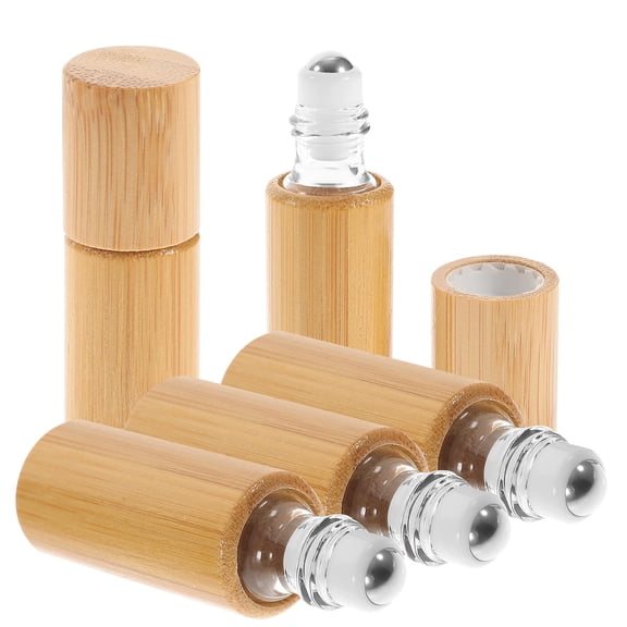 REOFLYUP 5Pcs Multipurpose Glass Roll on Bottle Light Brown Bamboo Material Smooth Shockproof for Travel