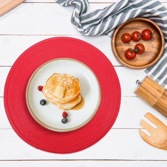 REOFLYUP 6Pcs Red Round Woven Table Placemats PP Heat Resistant for Food Serving and Events