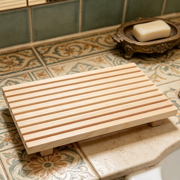 REOFLYUP Beige Wooden Riser Stand for Bathroom Countertop Organization with Water Catch and Anti Slip Base