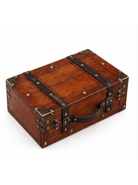 Vintage Brown Wooden Storage Box Handheld Organizer Trunk Style for Jewelry Trinkets and Small Items