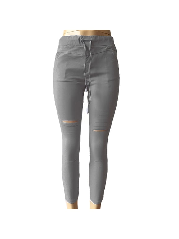 Women's High Waisted Cropped Ripped Jeans Leggings Cotton Stretch Grey 1 Pack
