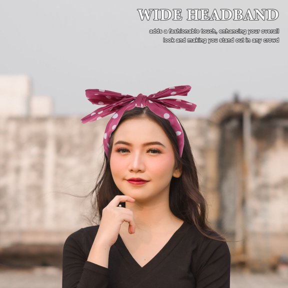 REOFLYUP Pink Polka Dot Wire Hair Band Head Wrap with Bow Ears Wide Comfortable Soft Fabric