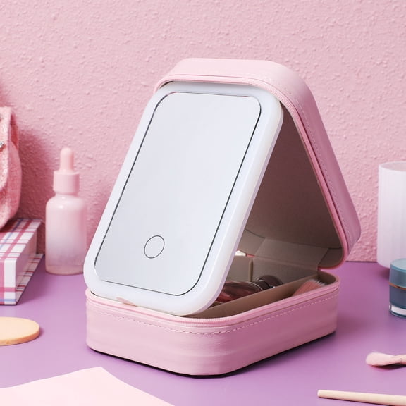 REOFLYUP Pink Makeup Box with Mirror and Adjustable LED Light for Travel and Jewelry Storage
