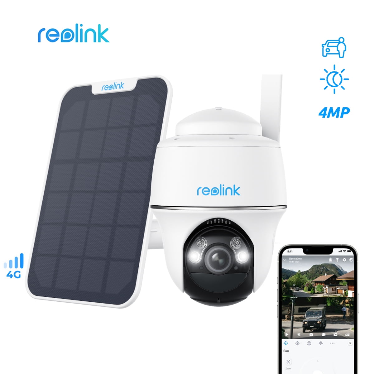 REOLINK 4MP 3G/4G LTE Outdoor Wireless Battery-Powered Security Camera,  Smart Person/Vehicle Detection, 355°/140° Pan &Tilt, 2-Way Talk, Go PT  Series PTCam ProHD + Solar Panel -US Version