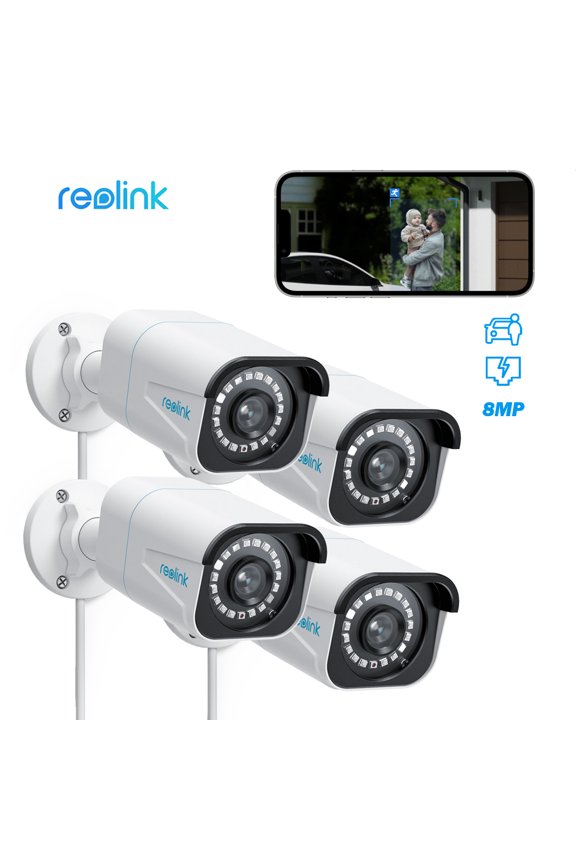 4pcs 4K Security Camera Outdoor, 8MP IP PoE Camera with Human/Vehicle Detection, 100Ft IR Night Vision, Work with Smart Home, Time lapse, Up to 256GB SD Card