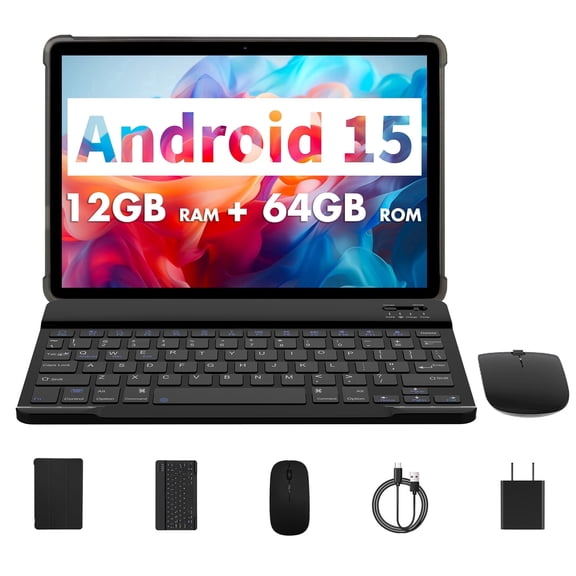 ROENLLCE 10 inch tablet, 12GB(3+9GB Expand), 64 GB ROM, Android 15, 1TB Expand,Quad core, WiFi 6, 6000 Mah, Tablet PC with Keyboard, Mouse, Case,Gray