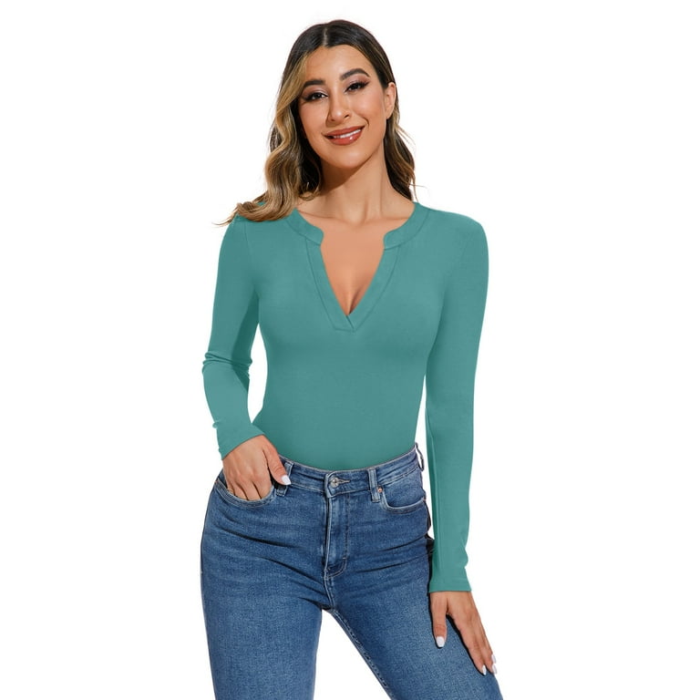 REORIA Deep V Neck Bodysuit for Women Long Sleeve Ribbed Slim Fit Tops Walmart