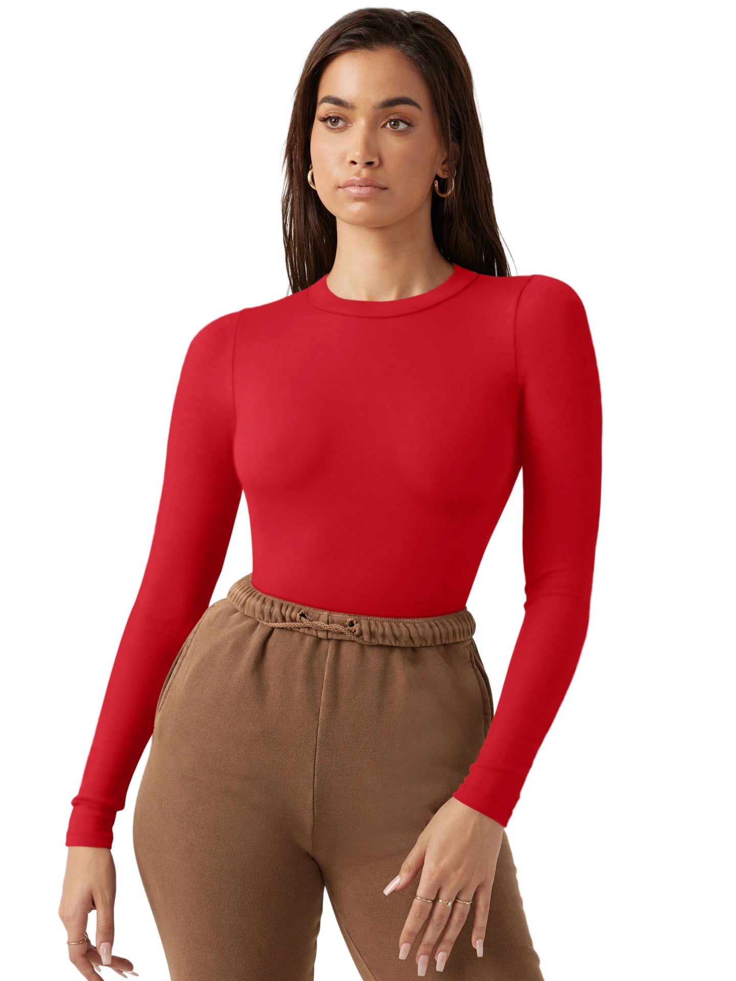 REORIA Long Sleeve Bodysuit for Women Crew Neck Double Lined Body Suit Slim  Fitted Basic Tops 