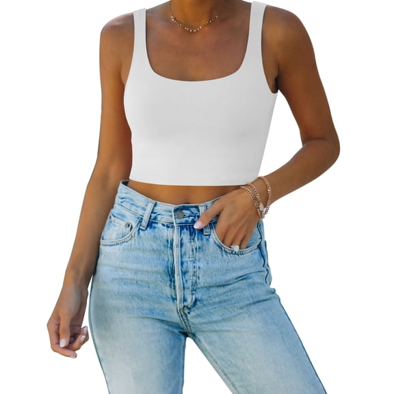 REORIA Square Neck Crop Tank for Women Seamless Ribbed Tank Basic Slim Fit Crop Tops