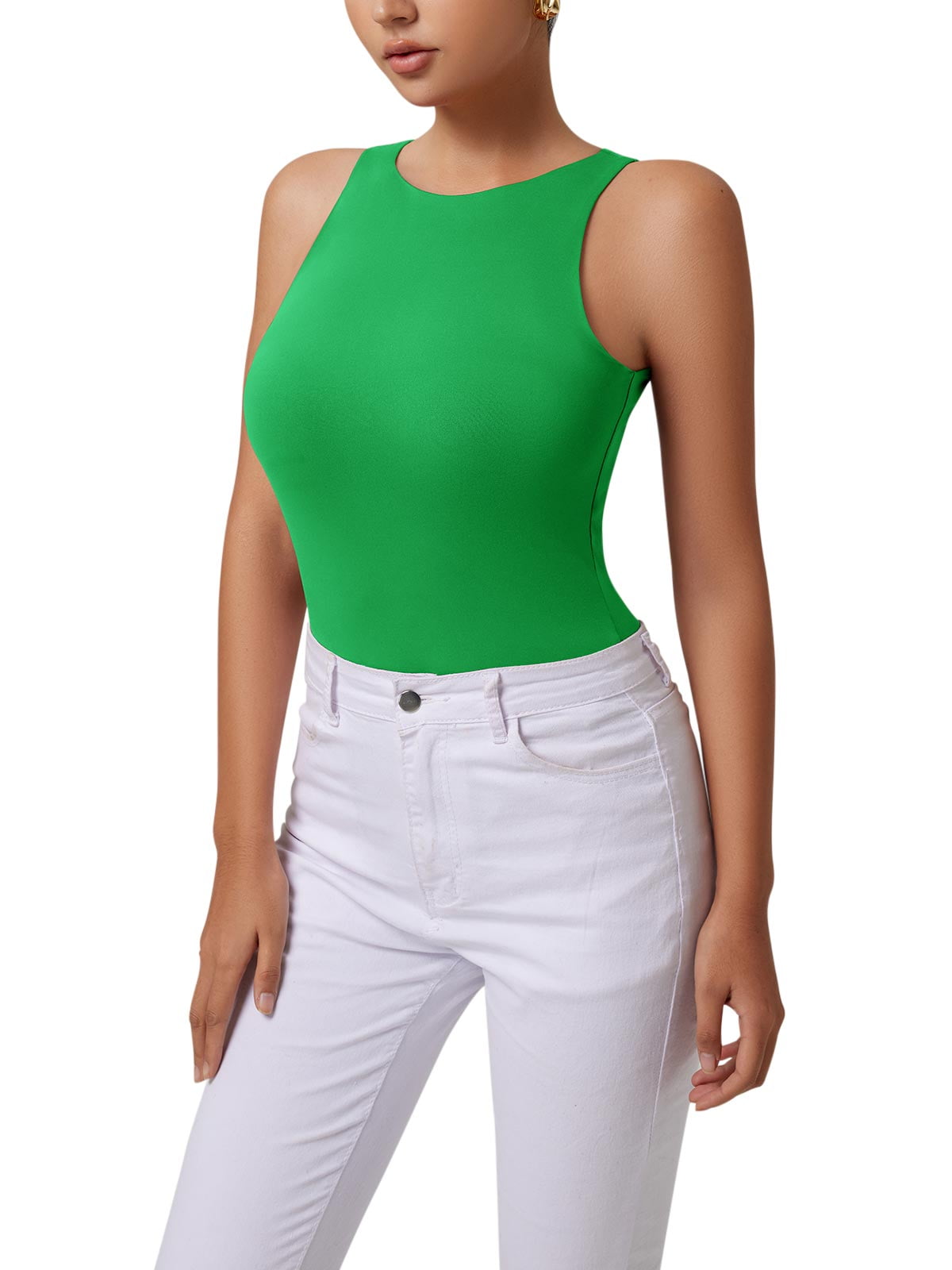 Vafful Bodysuit for Women Summer Tank Tops Scoop Square Neck Sleeveless  Shirts Women's Ribbed Basic Tops Jumpsuits Dark Green S-XL