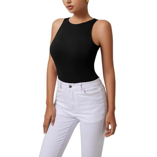 REORIA Tank Bodysuit for Women Halter Neck Sleeveless Ribbed Bodysuit