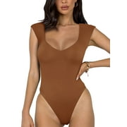 REORIA Tank Bodysuit for Women Square V Neck Sleeveless Bodysuit Slimming Fit Basic Tops