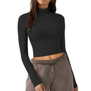 REORIA Women Base Layer Crop Top Mock Neck Long Sleeve Tops Slim Fit Ribbed Basic Pullover Cropped Shirts