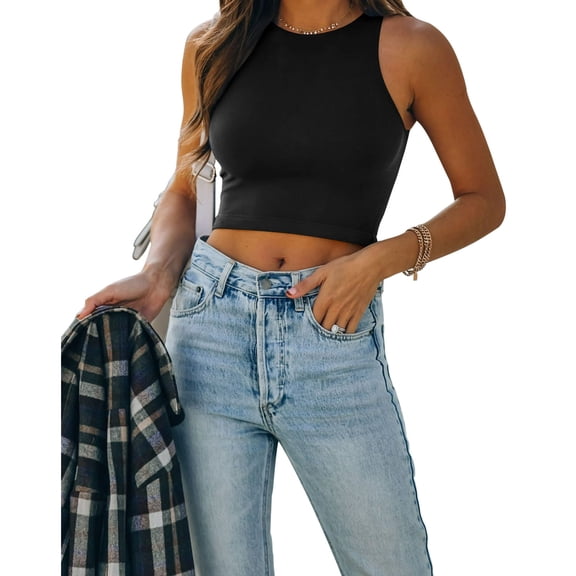 REORIA Women Halter Crop Tops Seamless Double Lined Racerback Cropped Slim Fit Basic Tank Top