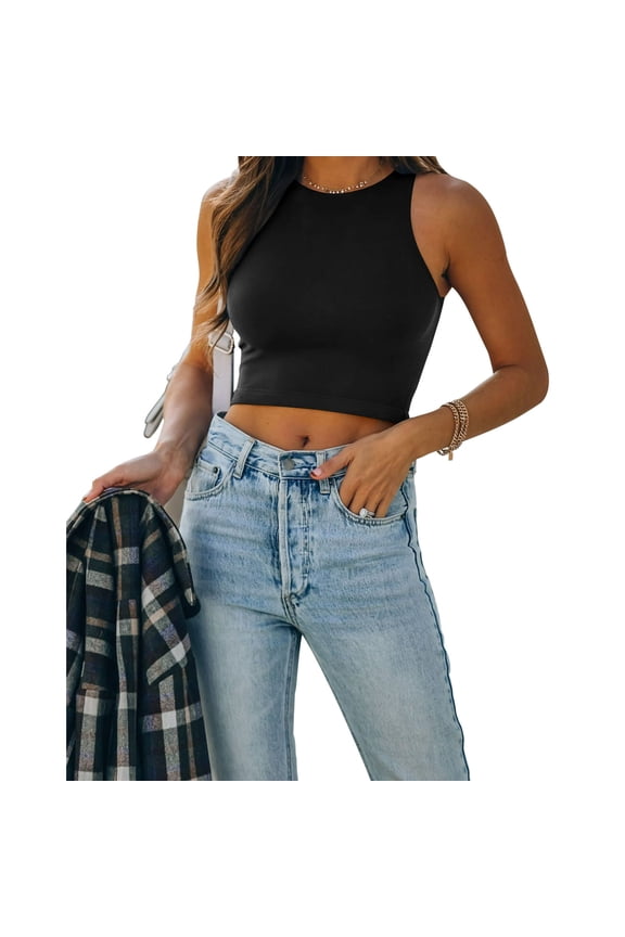 Women Halter Crop Tops Seamless Double Lined Racerback Cropped Slim Fit Basic Tank Top