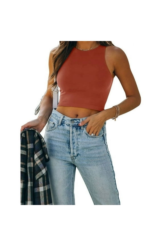 Women Halter Crop Tops Seamless Double Lined Racerback Cropped Slim Fit Basic Tank Top
