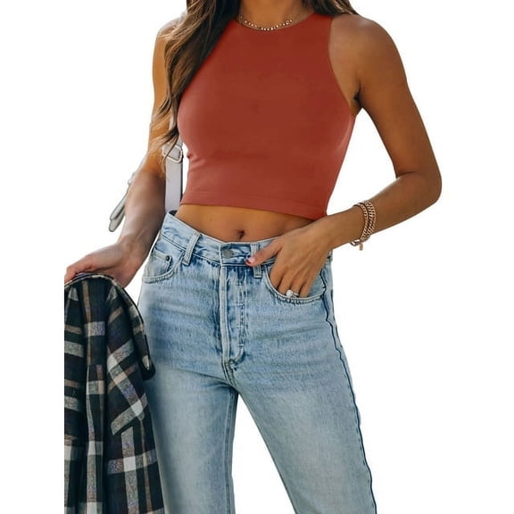 REORIA Women Halter Crop Tops Seamless Double Lined Racerback Cropped Slim Fit Basic Tank Top