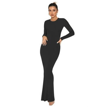 REORIA Women Long Sleeve Bodycon Dress Sexy Crew Neck Ribbed Basic Maxi Dresses Slim Fit