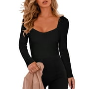 REORIA Women Square Neck Bodysuit Sexy Long Sleeve Ribbed Corset Tops
