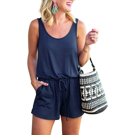 REORIA Women Summer Romper Sleeveless Short Jumpsuits Loose Rompers with Pockets