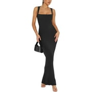 REORIA Women's 2024 Trendy Sexy Square Neck Lounge Long Dress Elegant Sleeveless Ribbed Bodycon Maxi Dresses