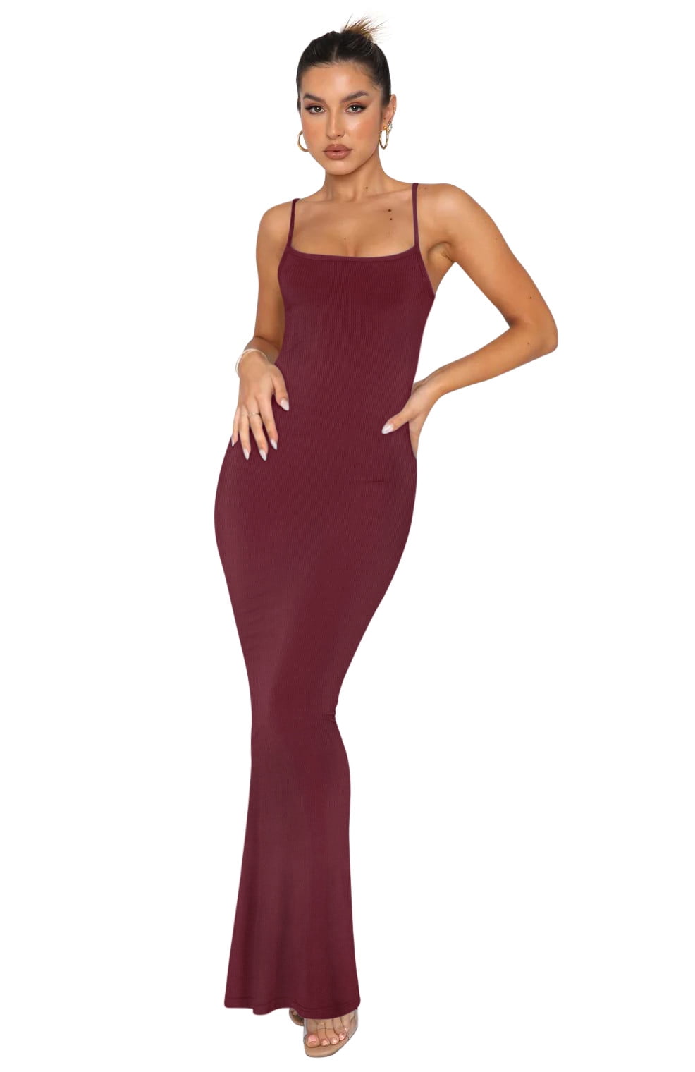 REORIA Women's Cami Dress Solid Basic Ribbed Wrap Long Dresses
