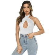 REORIA Women's Cross Neck Bodysuit Lace up Sleeveless Backless Sexy Thong Bodysuit