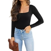 REORIA Women's Sexy Square Neck Bodysuit Long Sleeve Double Lined Slim Tops