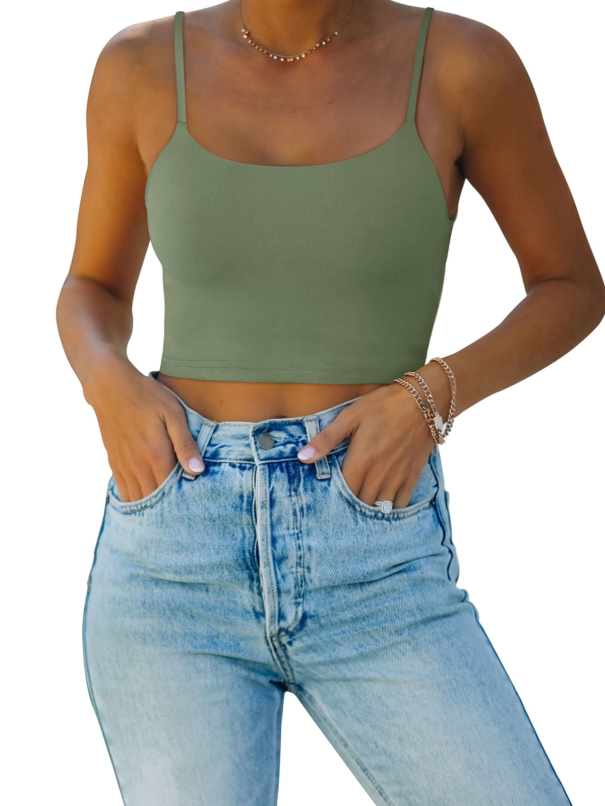 REORIA Womens Crop Tops Double Layer Sling Square Neck Basic