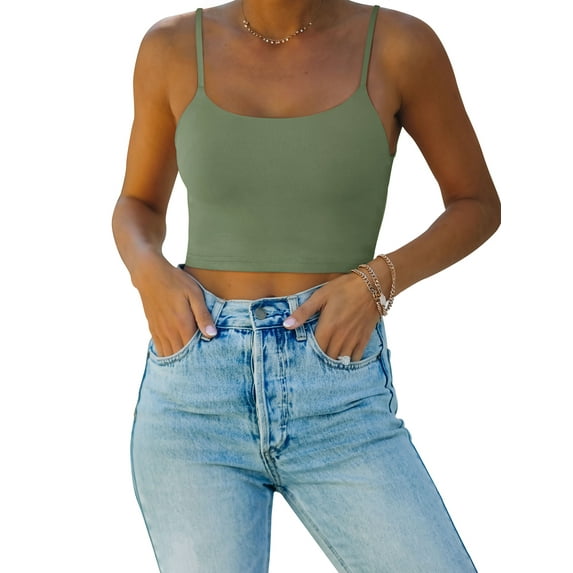 REORIA Womens Crop Tops Double Layer Sling Square Neck Basic Cropped Tank Top