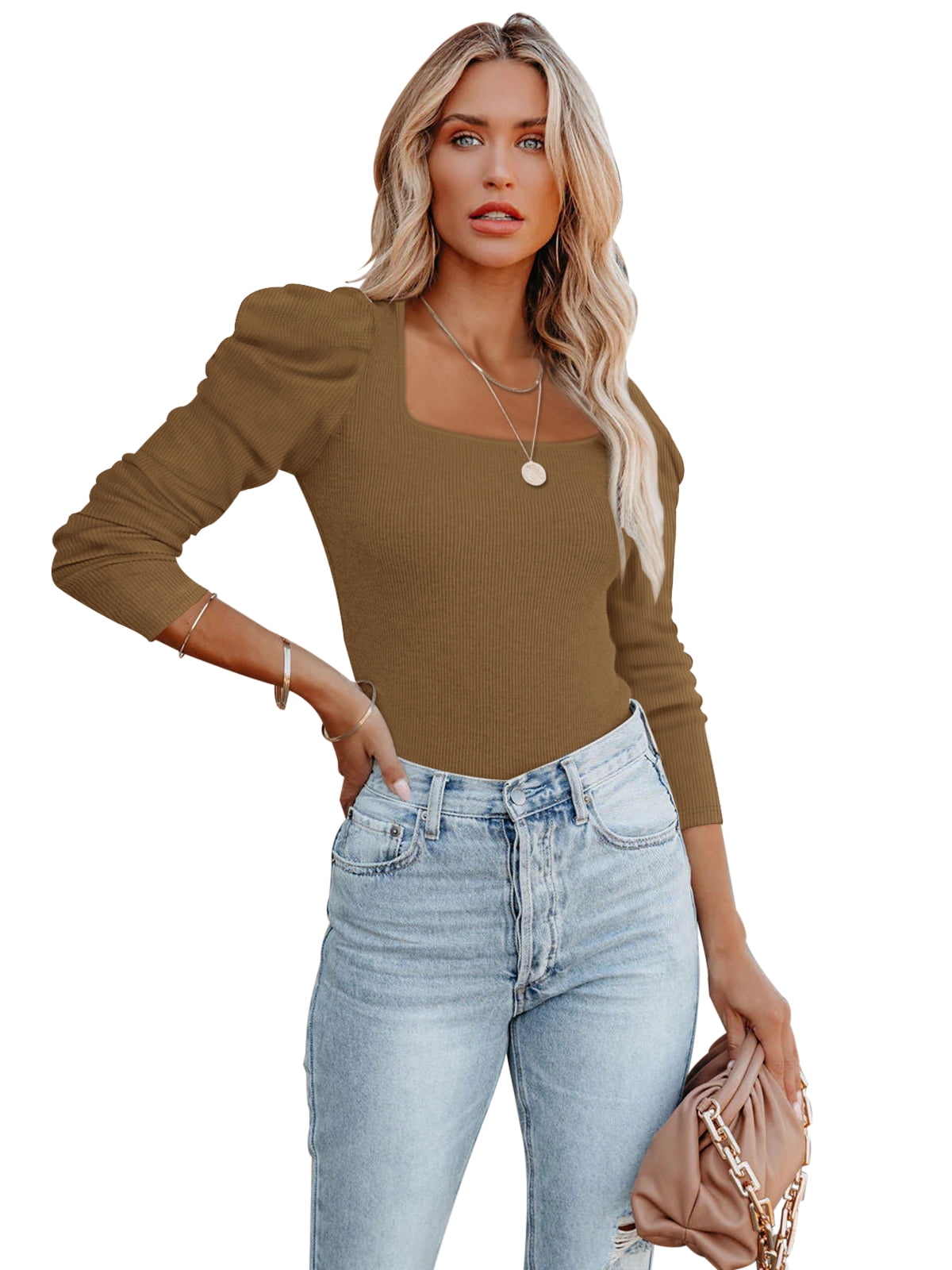 REORIA Womens Puff Long Sleeve Bodysuit Ribbed Square Neck Slimming Thong Tops - Walmart.com