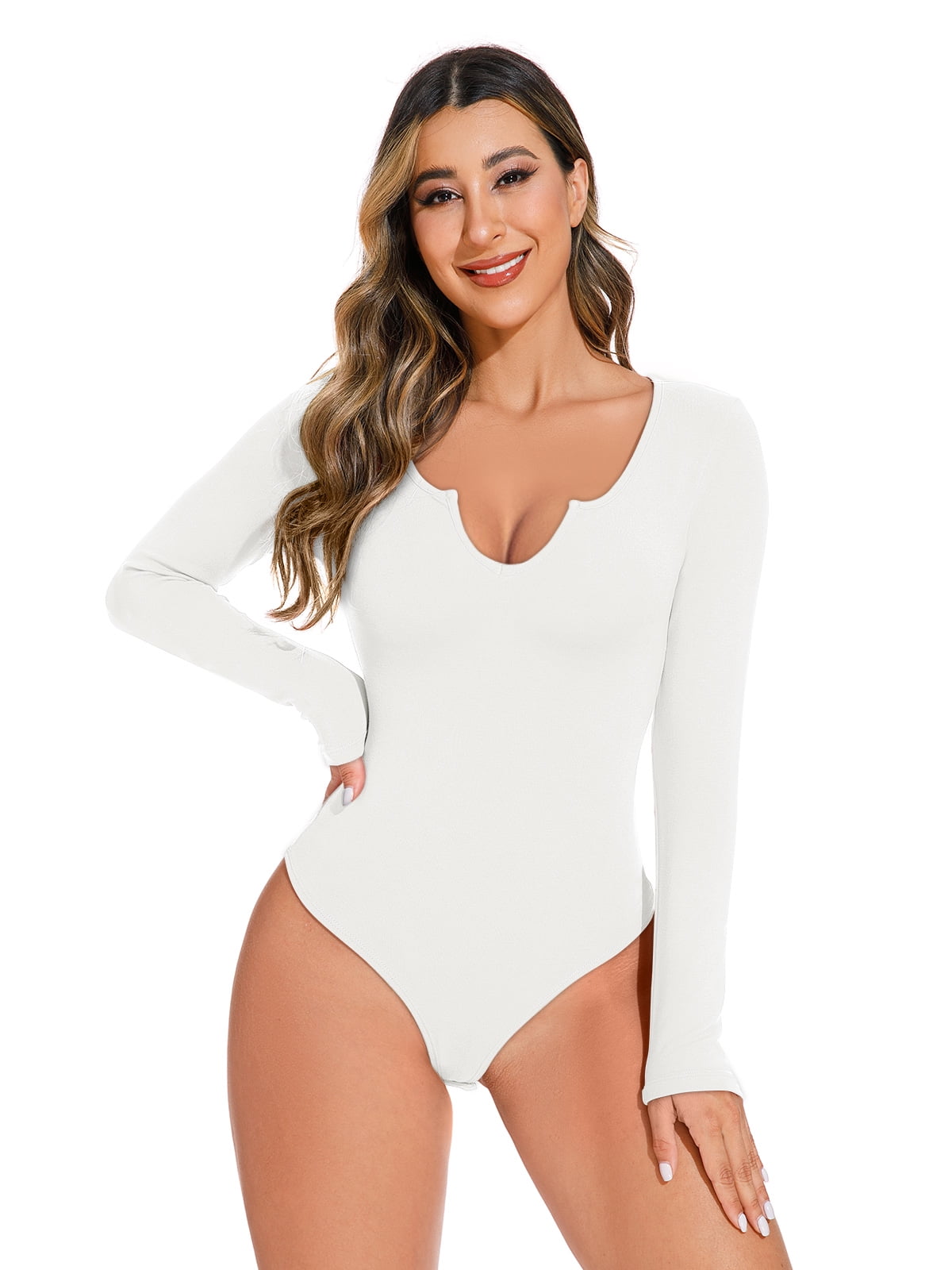  REORIA Women's Sexy Basic V Neck Long Sleeve Body Suits Double  Lined Seamless Slimming Fall Trendy Going Out Thong Bodysuit tops Grey  Green Small : Clothing, Shoes & Jewelry