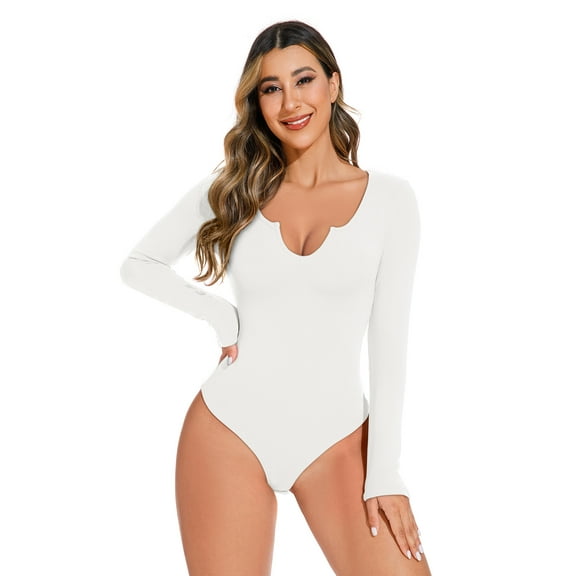 REORIA Womens V Neck Long Sleeve Bodysuit Slim Fit Basic Thong Tops for Female