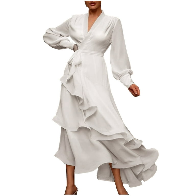 REORIAFEE 1950s Dresses for Women Vintage Casual Deep V-Neck Long Sleeve  Maxi Tie Neck Loose Dress White XL