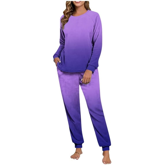 REORIAFEE 2 Piece Lounge Set Women Fleece Warm Pajama Long Sleeve Top and Jogger Gradient Soft Sleepwear Purple S-2XL