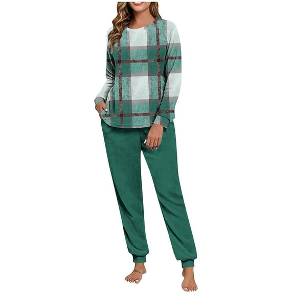 REORIAFEE 2 Piece Lounge Set Women Long Sleeve Fleece Warm Pajama Top and Jogger Plaid Soft Sleepwear Green S-2XL