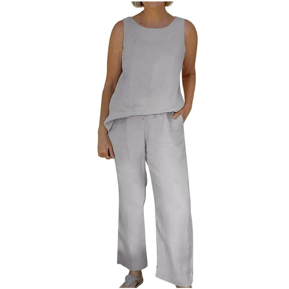 REORIAFEE 2 Piece Outfits Summer Sweatsuit Set 90s Outfit 2PC Fashion Women Round Neck Sleeveless Blouse + Loose Pockets Pants Sets Gray L