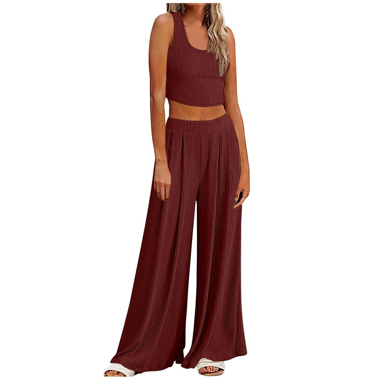 REORIAFEE 2 Piece Outfits for Women Loose Casual Suit 70s Outfits Women's  Casual Home Sleeveless Yoga Slim Fit Wide Leg Pants Knit Two Piece Set Red