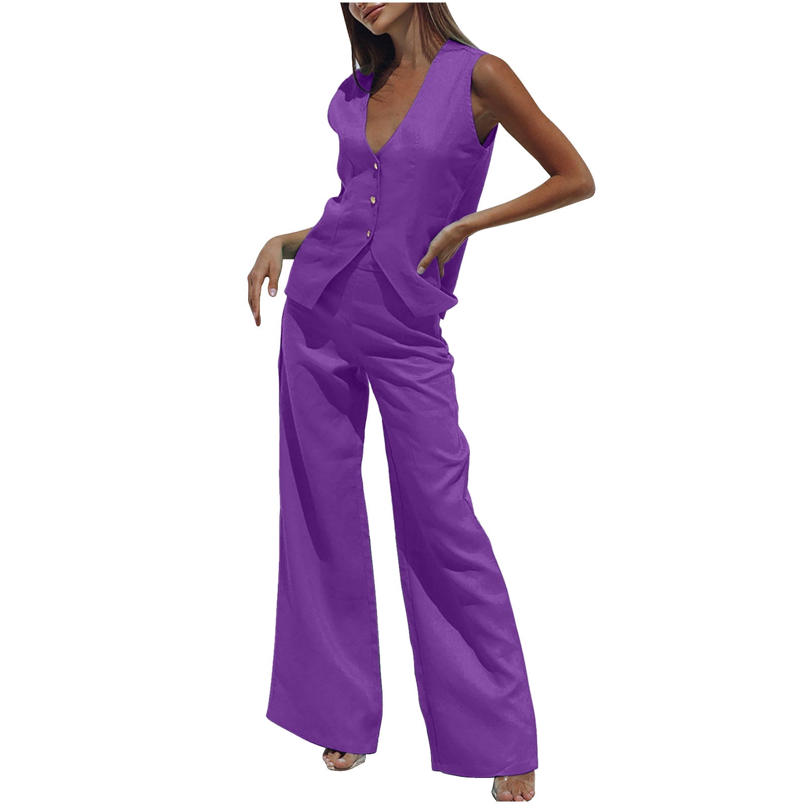 REORIAFEE 2 Piece Outfits for Women Plus Size Summer Yoga Workout Gym Set  Trendy 2023 Vacation Outfits Women's Two Piece Cotton Linen Short Sleeve V  Neck Tops Pants Set Purple XXL 