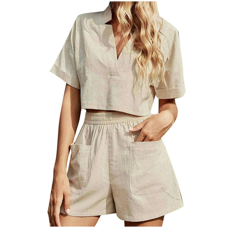 REORIAFEE 2 Piece Outfits for Women Sets Casual Two Pieces Matching Sets  Vacation Trendy Clothes Summer Outfit Women's Two Piece Cotton Linen Short  Sleeve V Neck Tops Pants Set Beige XL 