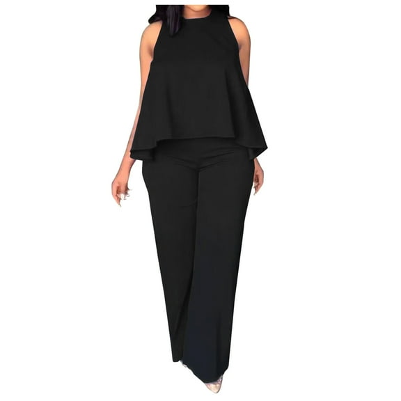 REORIAFEE 2 Piece Outfits for Women Summer Beach Wear Workout Sports Tracksuit Loose Set Beach Vacation Outfits Fashion Women Summer Casual Sleeveless Blouses Round Neck Tops Long Pants Black L