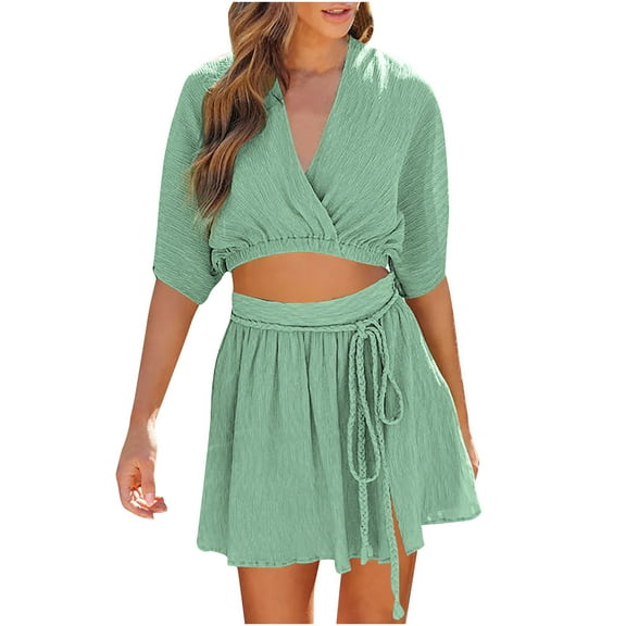 REORIAFEE 2 Piece Outfits for Women Summer Sexy Country Concert Outfit 2023 Women's Fashion 2 Piece Outfits Linen Sleeveless Crop Top Shorts High Waist Set Pockets Green S
