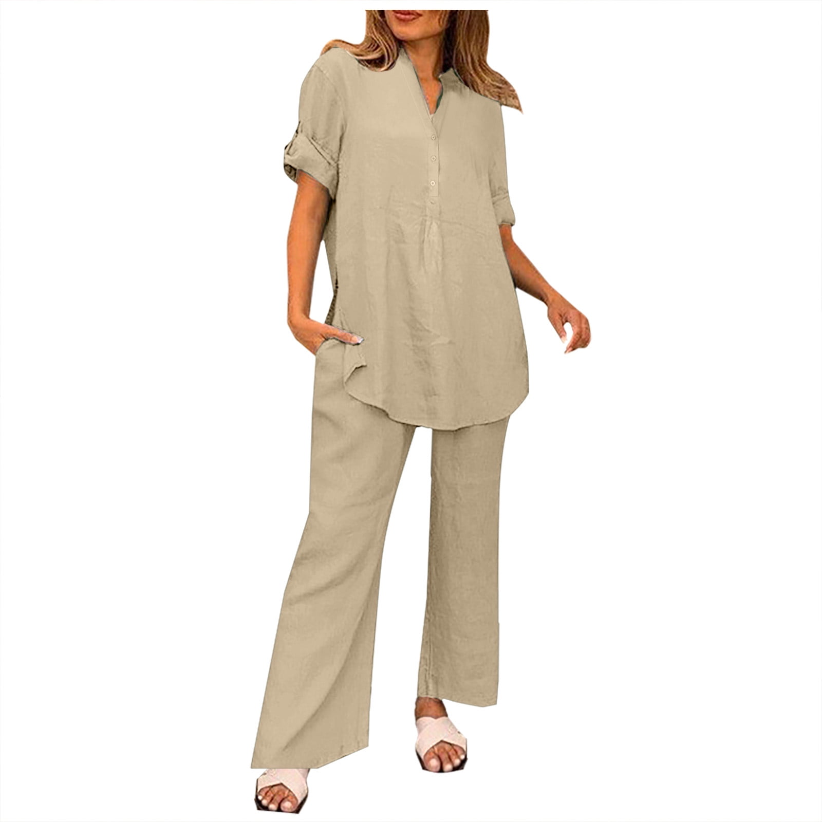 REORIAFEE 2 Piece Outfits for Women 70s Outfits Fashion Women Summer Button  Casual Short Sleeve Top + Pant Set Khaki XXXL